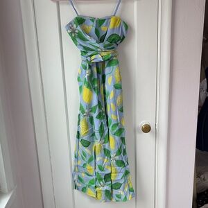 Maeve Blue and Yellow Lemon Floral Jumpsuit by Anthropologie Strapless